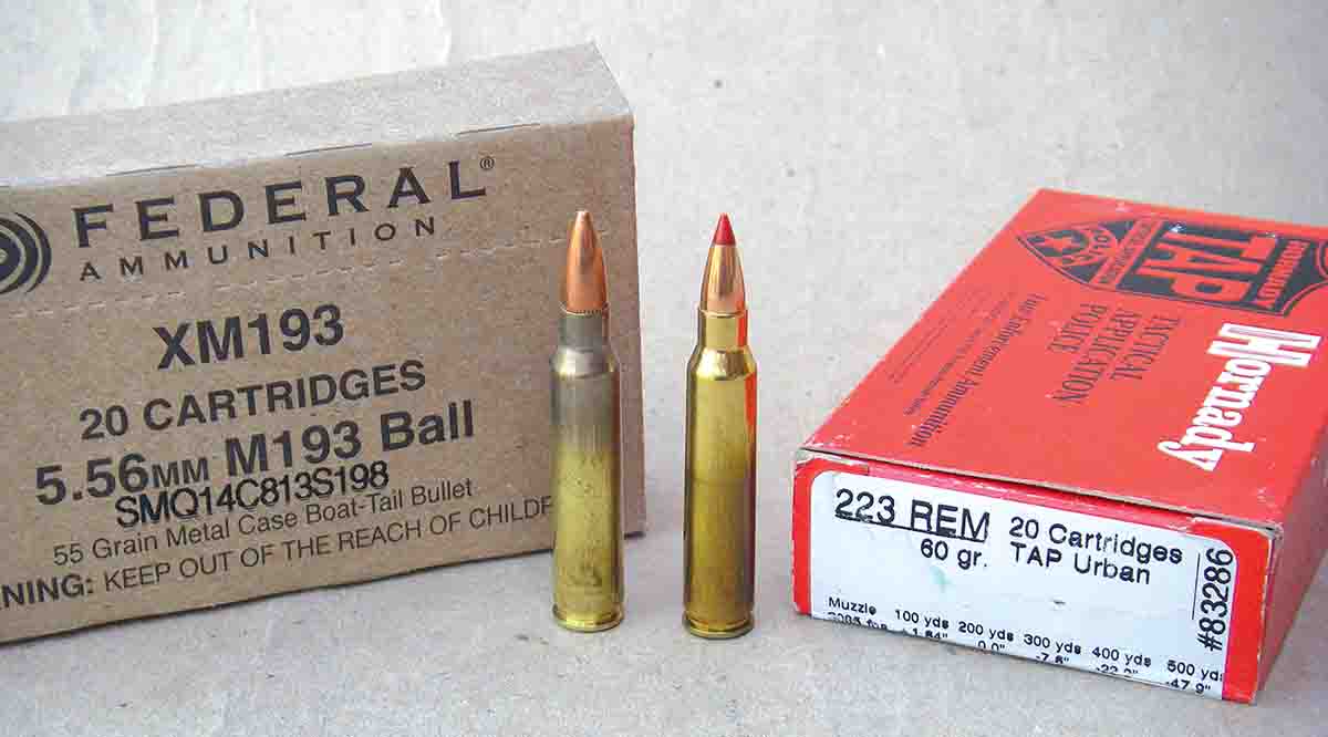 The .223 Remington (right) shares identical outside dimensions as the 5.56 NATO (left) but is not fully interchangeable.